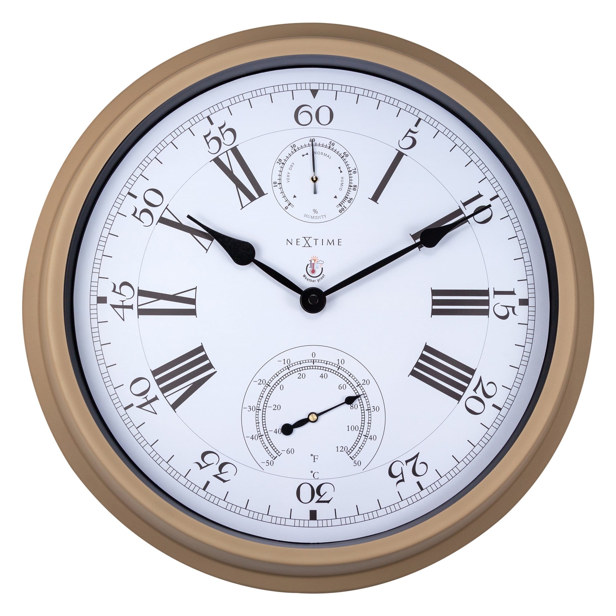 NeXtime Clocks garden wall clock with weatherproof metal design, 40.5 cm diameter in hyacinth color, showing time and weather details.